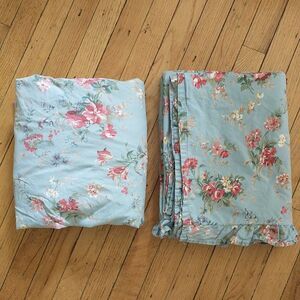Ralph Lauren Yvette Floral Blue Flat Fitted Sheet Set Queen Ruffle FrenchCountry